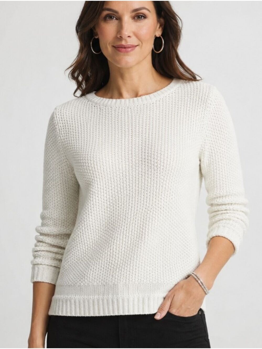 White House Black Market White Knit Sweater with Subtle Silver Foil Small